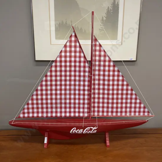 Coca-Cola Handmade Wooden Half Hull Freestanding Sail Boat Model, Red / White. 72 x 82cm